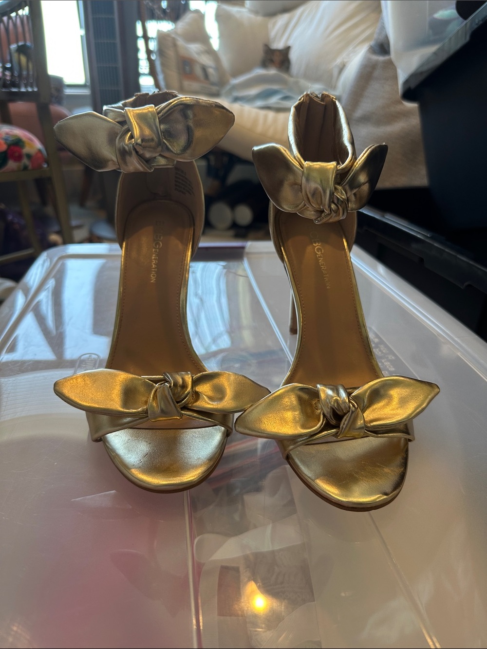 BCBGeneration Gold Bow Ankle-Strap Heels